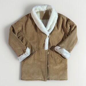 Vintage Long Suede Leather Eskimo Coat Jacket Button Fur Collar Cuff Oversized